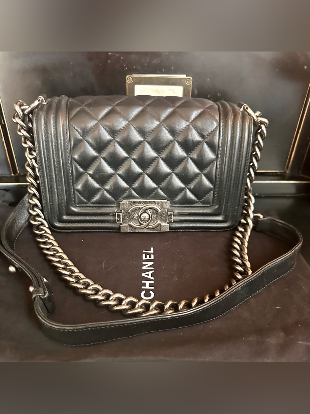 CC Black Quilted Leather Boy Bag with Silver-Tone Chain